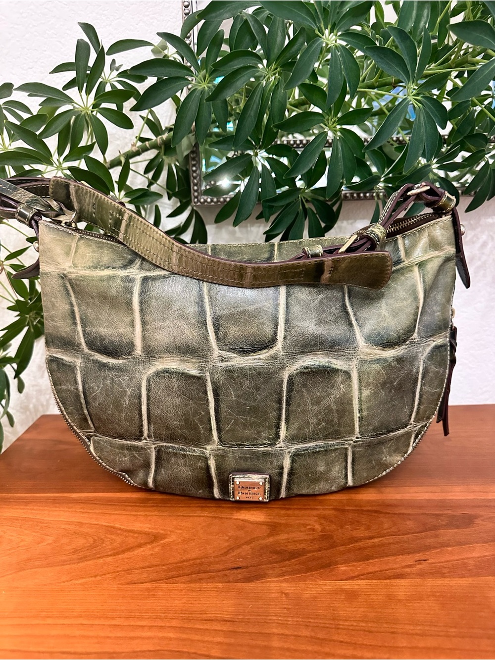 Dooney & Bourke Luna Green Olive Croc Embossed Leather Shoulder Hobo Bag